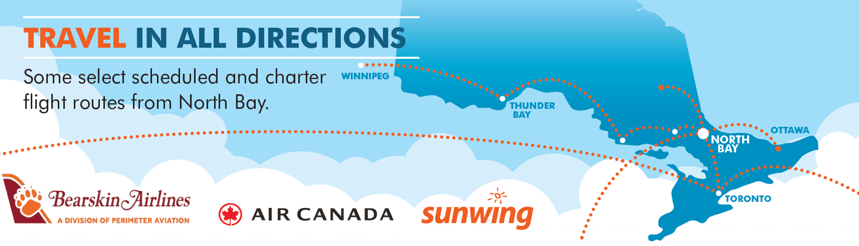 Travel in all directions for North Bay Airport.